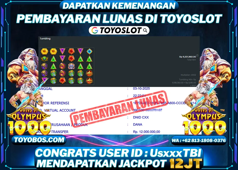 TOYOSLOT - BUKTI KEMENANGAN Gates Of Olympus 1000x Rp12,000,000,- LUNAS
